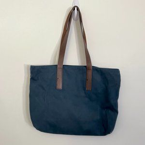 Everlane The Twill Zip Tote Navy Canvas Brown Leather Strap